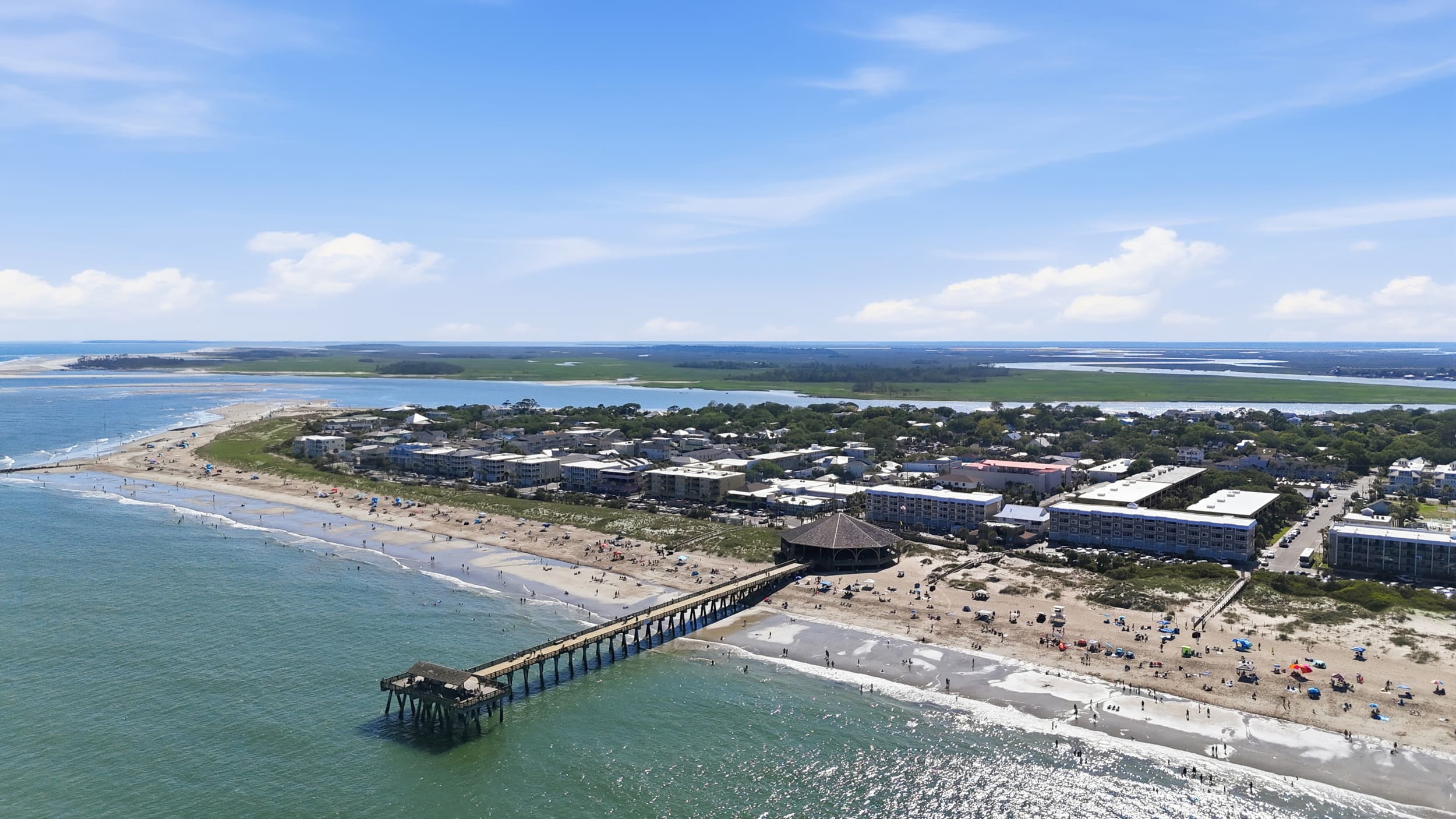Aerial view of Tybee Island pier and coastline
